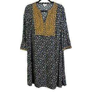 J. JILL Dress Tunic Knee Length Floral VNeck Gold‎ Embroidered Detail Tunic Boho